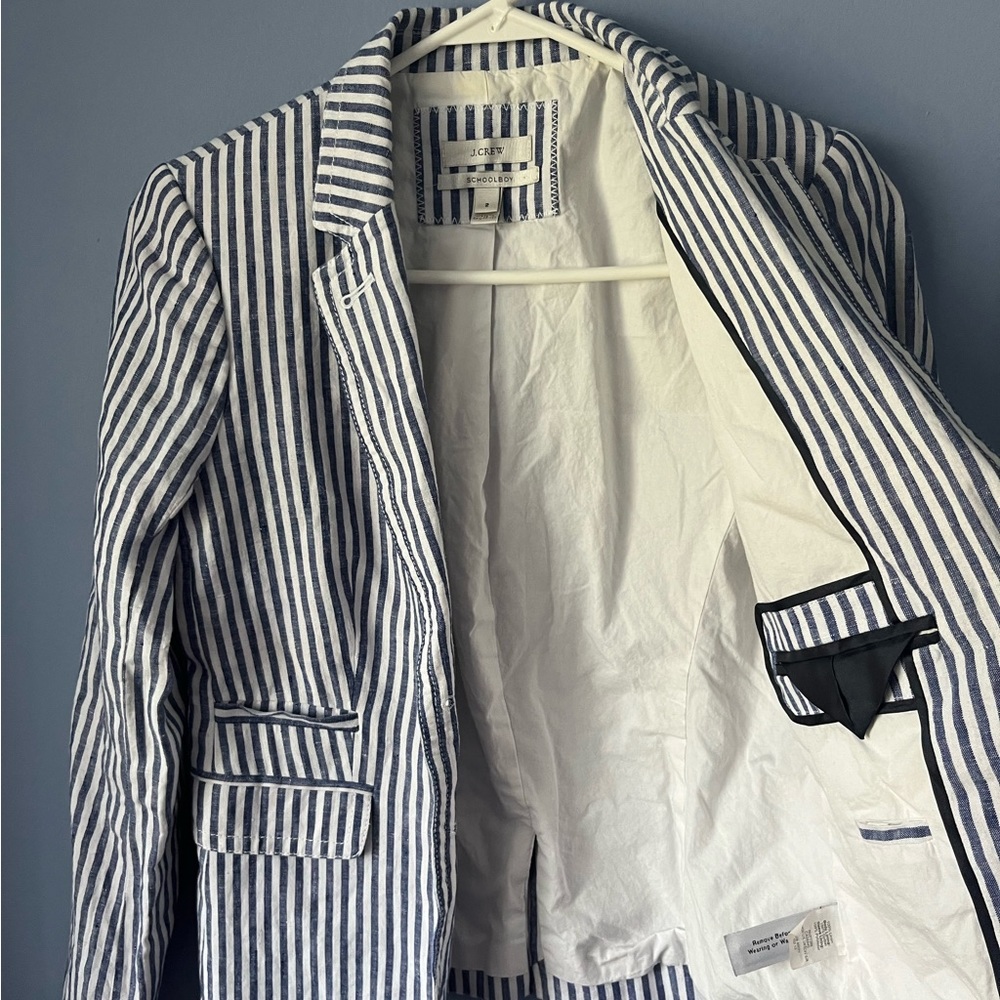 J Crew Schoolboy Blazer Linen Stripe Blue White Gold Button Nautical Size 2 - Picture 6 of 8